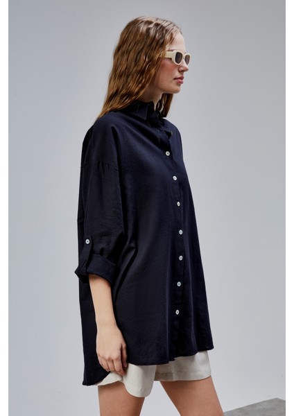 Kadın Apoletli Katlamalı Uzun Kol Oversize Gömlek