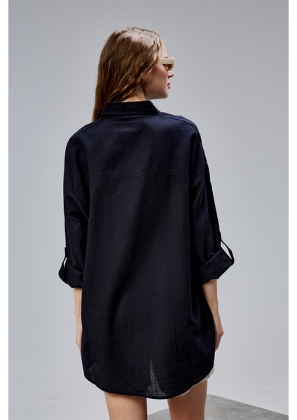 Kadın Apoletli Katlamalı Uzun Kol Oversize Gömlek