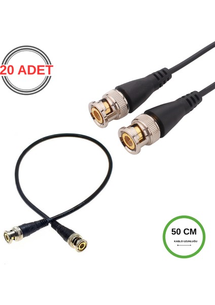 Bnc Kablo Erkek-Erkek Hazır Uçlu 0.5 mt - Siyah Cctv Görüntü Sinyal Kablosu - 20 Adet