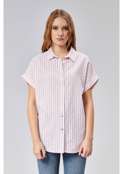 Kadın Çizgili Kol Katlamalı Kısa Kol Keten Gömlek