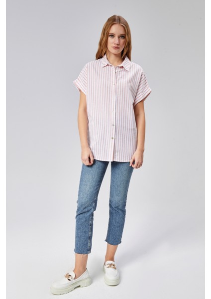 Kadın Çizgili Kol Katlamalı Kısa Kol Keten Gömlek fiyatları