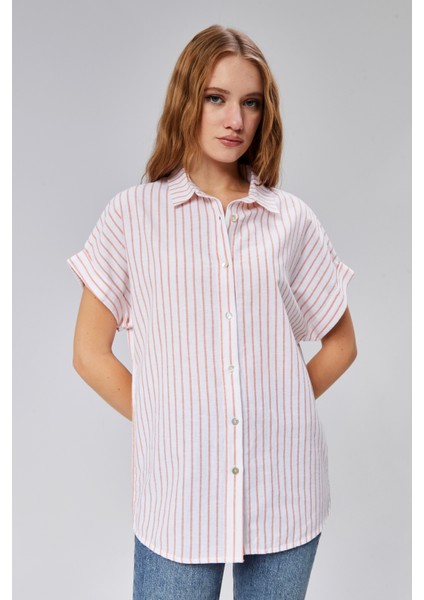 Kadın Çizgili Kol Katlamalı Kısa Kol Keten Gömlek modelleri