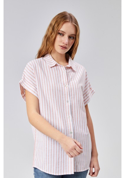Kadın Çizgili Kol Katlamalı Kısa Kol Keten Gömlek fırsatları