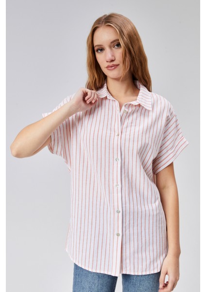 Kadın Çizgili Kol Katlamalı Kısa Kol Keten Gömlek indirimleri