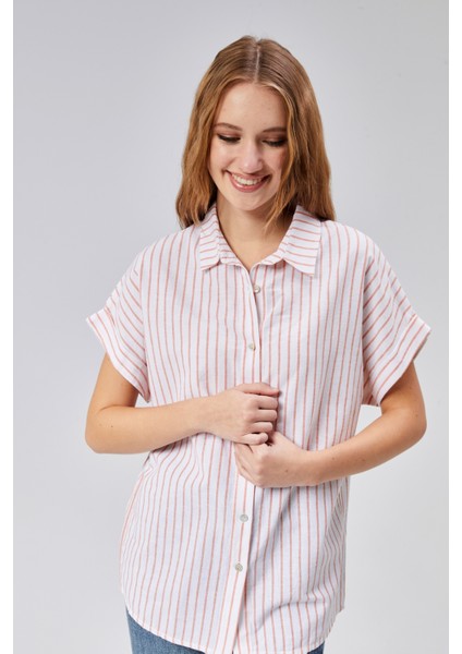 Kadın Çizgili Kol Katlamalı Kısa Kol Keten Gömlek