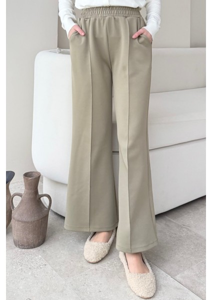 Çimalı Beli Lastikli Scuba Kumaş Tesettür Pantolon- Çağla Yeşili