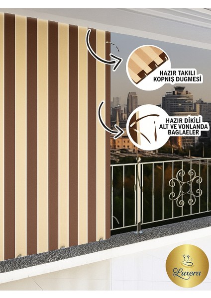 Kahve Krem Su Geçirmez Halkalı Bağcıklı Balkon Perdesi Branda