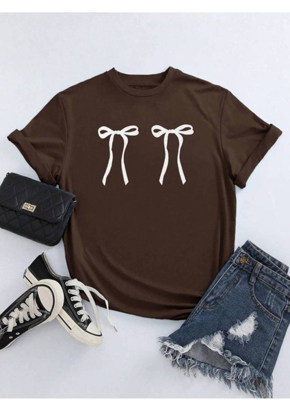 Kadın Kurdele Renkli Özel Baskılı Oversize Pamuklu Bisiklet Yaka T-Shirt Tişört