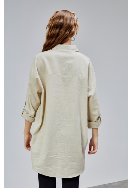 Kadın Apoletli Katlamalı Uzun Kol Oversize Gömlek