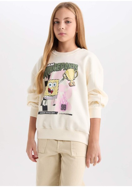 Kız Çocuk SpongeBob Relax Fit Bisiklet Yaka 3D Sweatshirt