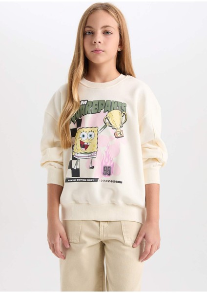 Kız Çocuk SpongeBob Relax Fit Bisiklet Yaka 3D Sweatshirt