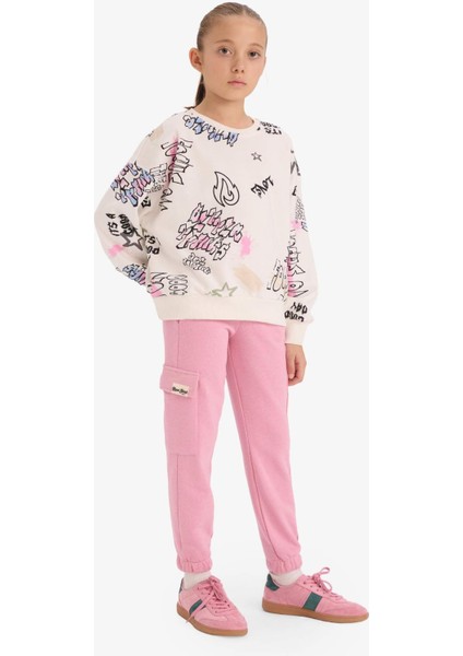 Kız Çocuk Oversize Geniş Kalıp Bisiklet Yaka 3D Baskılı Sweatshirt D3113A824WN