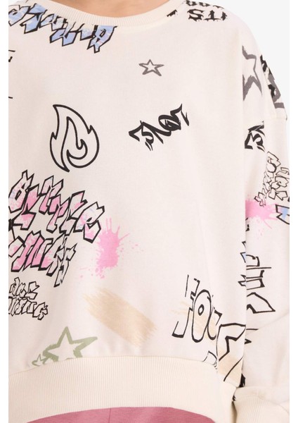 Kız Çocuk Oversize Geniş Kalıp Bisiklet Yaka 3D Baskılı Sweatshirt D3113A824WN