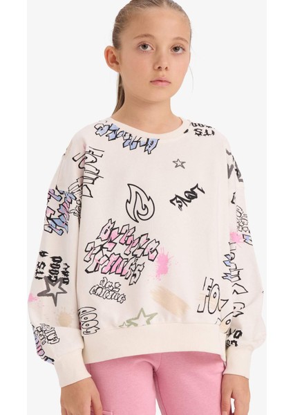 Kız Çocuk Oversize Geniş Kalıp Bisiklet Yaka 3D Baskılı Sweatshirt