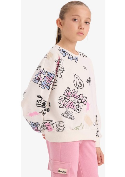 Kız Çocuk Oversize Geniş Kalıp Bisiklet Yaka 3D Baskılı Sweatshirt