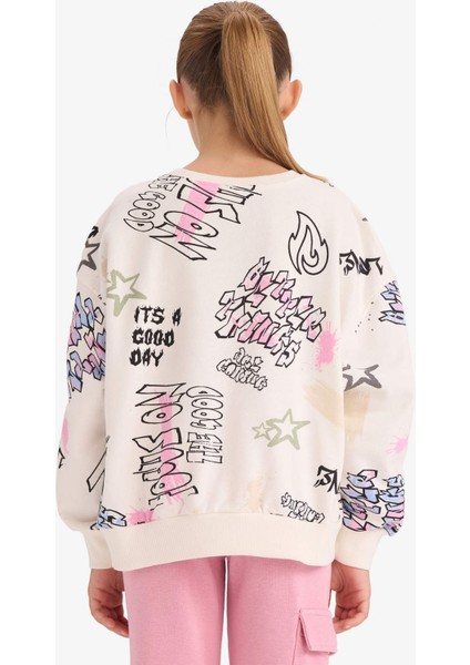 Kız Çocuk Oversize Geniş Kalıp Bisiklet Yaka 3D Baskılı Sweatshirt