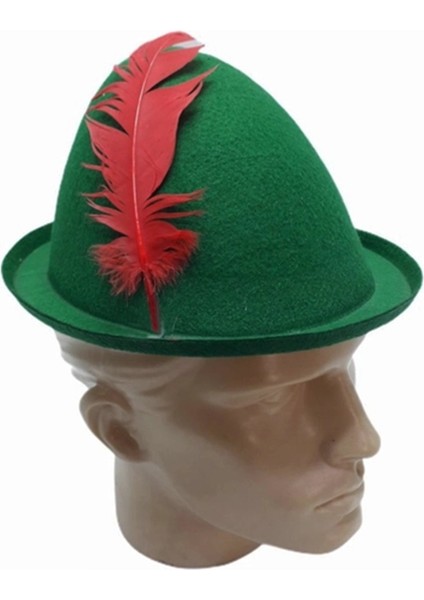Buğz Peter Pan Şapkası Yeşil Renk Kırmızı Tüylü