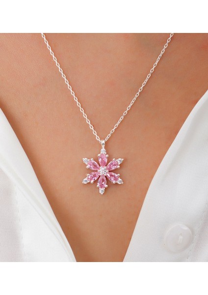 (Premium Işıklı Kutulu) 925 Ayar Gümüş Pembe Taşlı Lotus Çiçeği Kadın Kolye fırsatları