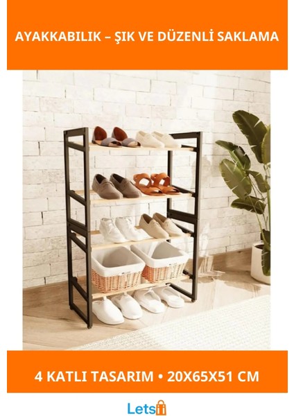 4 Katlı Şık Modern Ahşap Ayakkabılık Çift Kullanım 20X65X51 cm