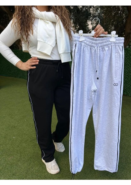 Şerit Çizgili Siyah Düz Paça Lastikli Eşofman Altı