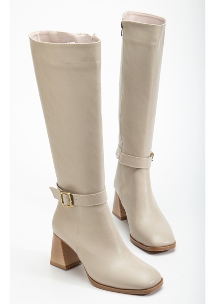 Kadın Bej Cilt Küt Burun Diz Altı Topuklu Çizme