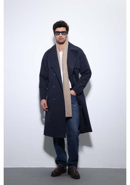 Lacivert Kruvaze Kapama Kemerli Trençkot