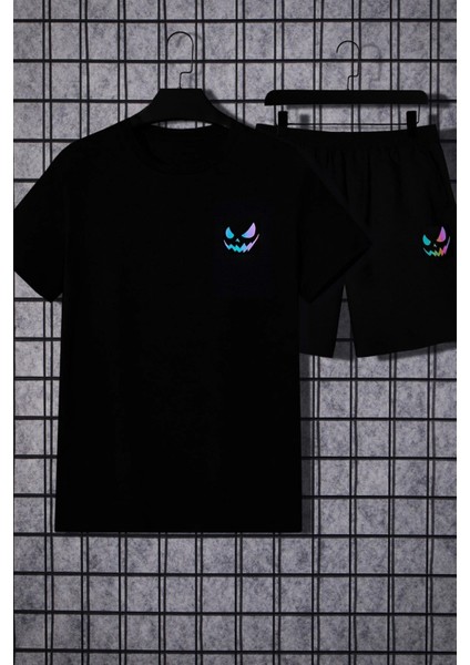 Unisex Siyah Bermuda Siyah Şort Oversize Siyah T-Shirt Takım Yüz Baskılı