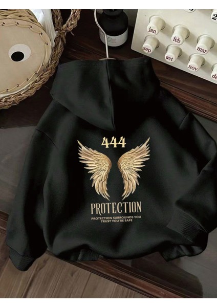 Unisex Kapüşonlu 444 Altın Kanat Sırt Baskılı Oversize Hoodie - Sokak Stili - Günlük Kombin