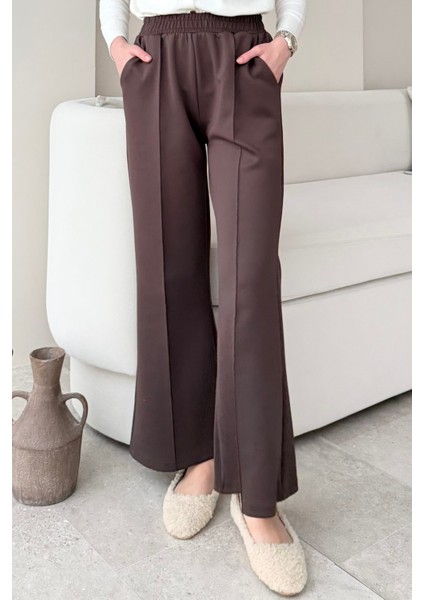 Çimalı Beli Lastikli Scuba Kumaş Tesettür Pantolon- Acı Kahve
