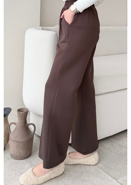 Çimalı Beli Lastikli Scuba Kumaş Tesettür Pantolon- Acı Kahve modelleri