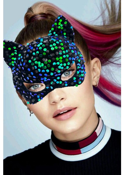 Buğz Siyah Kadife Mavi Yeşil Parti Maskesi