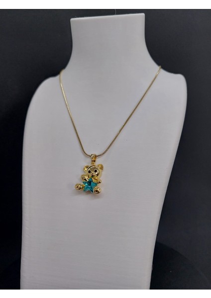 Mavi Taş Detaylı Ayıcık Kolye (Paslanmaz Çelik)