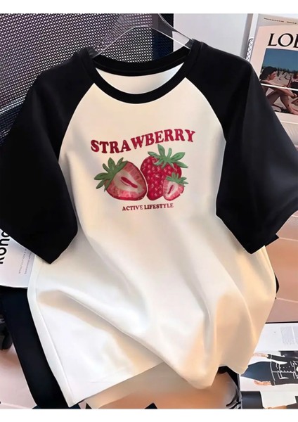 Erkek/kadın Çilek Baskılı Reglan Kol Oversize T-Shirt