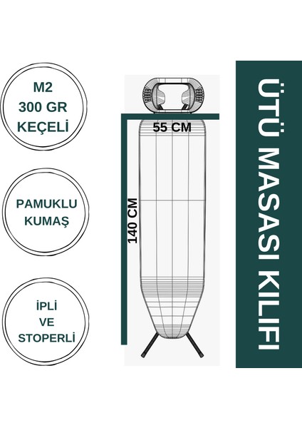 Ütü Masası Kılıfı Büyük Boy Ipli Stoperli Keçeli Kılıfı Örtüsü Bezi 55X140 cm Cream Star