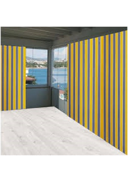 Bağcıklı Halkalı Kornişli Sarı-Gri Balkon Perdesi Gölgelik Branda modelleri