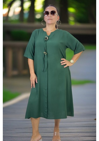 Halka Detay Yandan Cepli Boydan Tek Pile Kısa Kol Pamuklu Viskon Büyük Beden Elbise