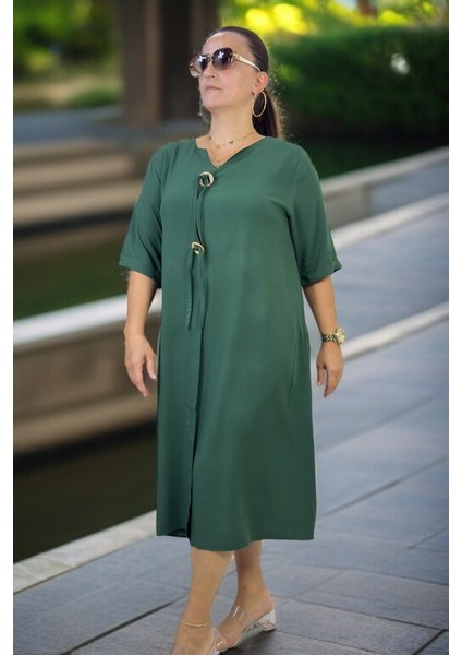 Halka Detay Yandan Cepli Boydan Tek Pile Kısa Kol Pamuklu Viskon Büyük Beden Elbise modelleri