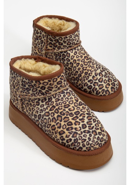 Mini Leopar Süet Yarım Bot Içi Tüylü Düz Taban Kadın Ayakkabı
