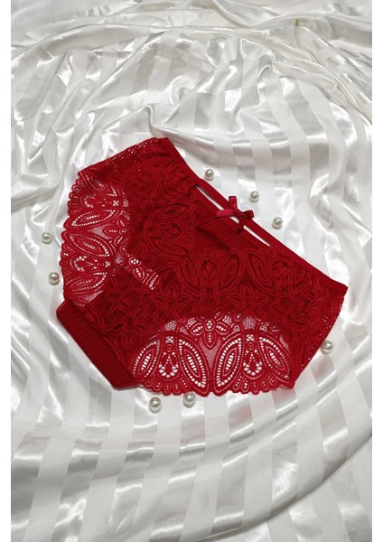 Kırmızı Dantelli Yüksek Bel Arka V Detaylı Külot