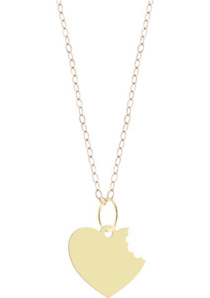 14 Ayar Altın Plakalı Isırılmış Kalp Figürlü Sevgililer Günü Hediyesine Özel Altın KOLYE-816