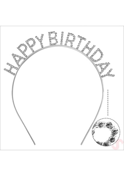 Buğz Gümüş Kristal Taşlı Happy Birthday Tacı