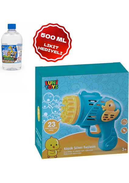 Çok Delikli Pilli Köpük Atan Tabanca Oyuncağı 23 Delikli Bubble Gun Mavi 500 ml Likit Hediyeli