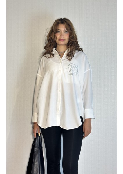 Kadın Taş Detaylı Uzun Kollu Oversize Gömlek