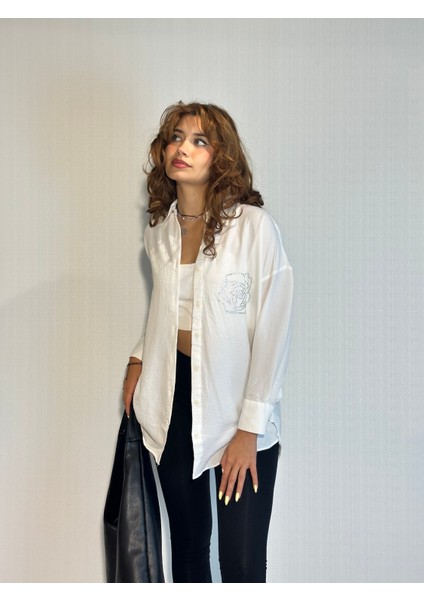 Kadın Taş Detaylı Uzun Kollu Oversize Gömlek modelleri