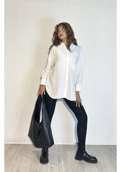 Kadın Taş Detaylı Uzun Kollu Oversize Gömlek fırsatları