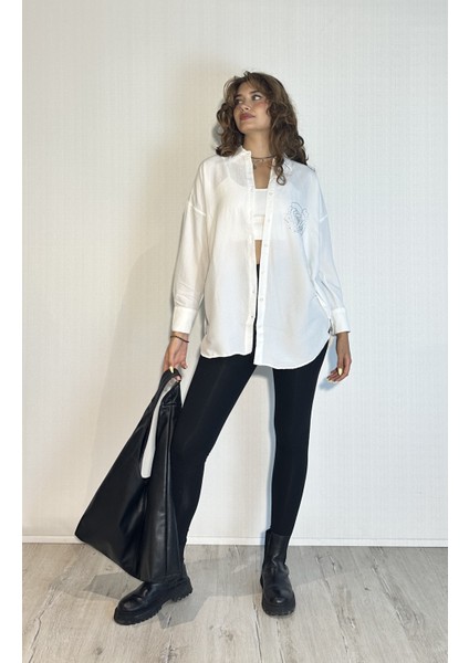 Kadın Taş Detaylı Uzun Kollu Oversize Gömlek