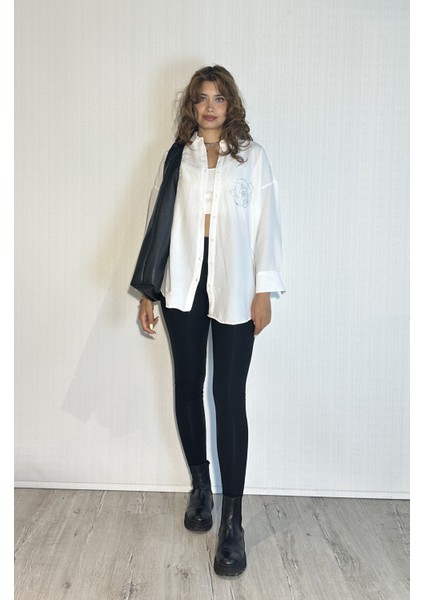 Kadın Taş Detaylı Uzun Kollu Oversize Gömlek