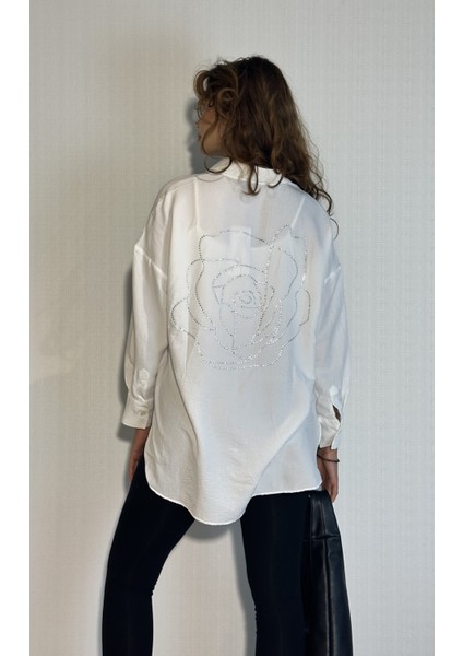 Kadın Taş Detaylı Uzun Kollu Oversize Gömlek