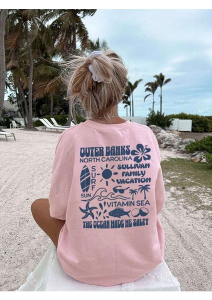 Kadın Quter Banks Baskılı Oversize Pamuklu Bisiklet Yaka T-Shirt Tişört