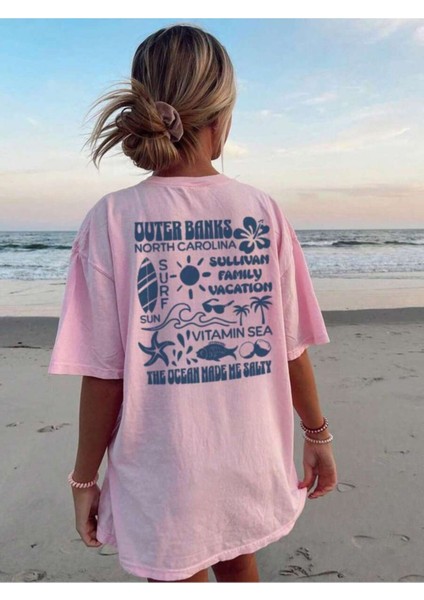 Kadın Quter Banks Baskılı Oversize Pamuklu Bisiklet Yaka T-Shirt Tişört fiyatları